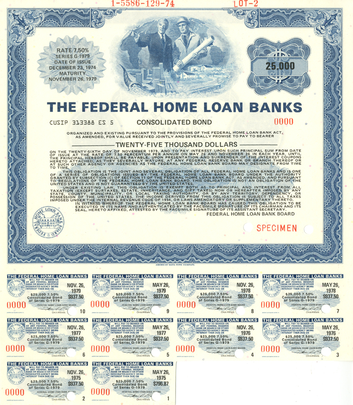 Federal Home Loan Banks - $25,000 Consolidated Specimen Bond - Made by the American Bank Note Company